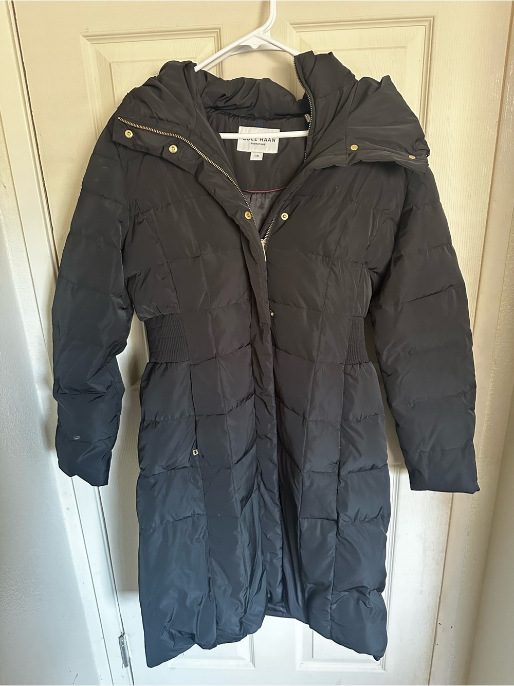 COLE HAAN signature Long Quilted Hooded Puffer Coat in Black size Large